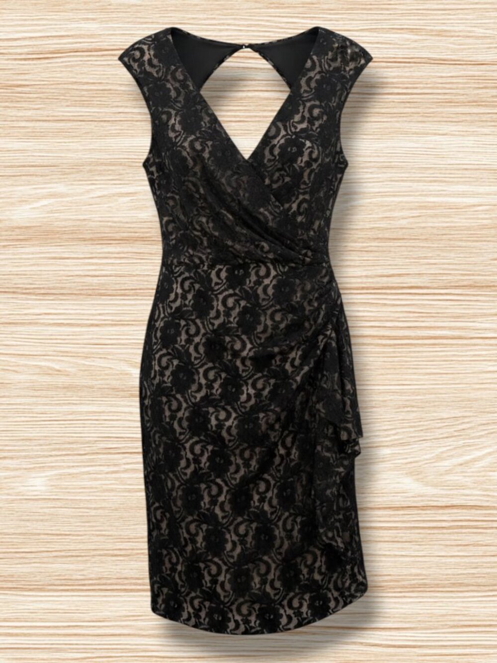 Maggy London Black Lace Champagne Diamond Back Sheath Dress 10